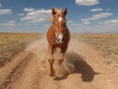 Wild Mustang Running on Dirt Roadの素材