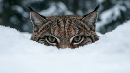 Lynx peering from snowdrift in winter forestの素材
