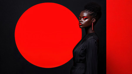 Black woman in elegant black dress, red and black backgroundの素材
