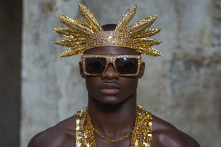 Man in gold headdress and sunglassesの素材