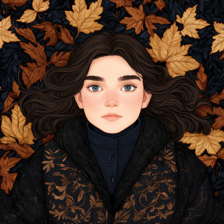 Young woman with freckles lying among autumn leavesの素材