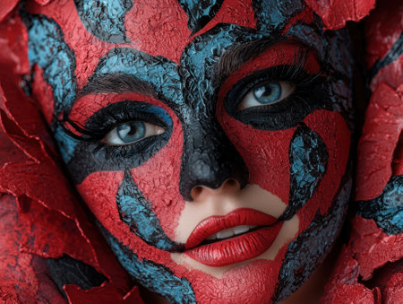 Close-up of a woman's face with creative red and blue makeupの素材
