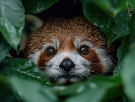 Red panda peeking through lush green leavesの素材