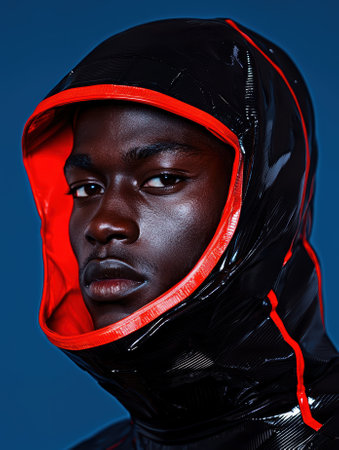 Close-up portrait of a person wearing a black and red hooded jacketの素材