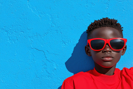 Cool kid in red sunglasses against a blue wallの素材