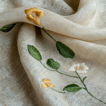 Close-up of embroidered beige fabric with yellow and white flowersの素材