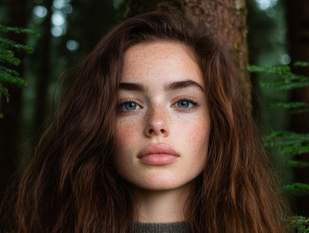 Freckled young woman with long brown hair in a forestの素材
