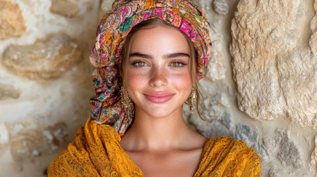 Woman with freckles smiling, wearing headscarf and yellow dressの素材