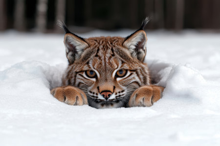 Lynx hiding in the snowの素材