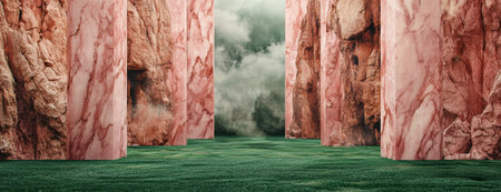 Surreal landscape with pink marble pillars and green grassの素材