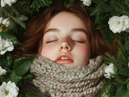 Woman sleeping peacefully in a garden of white flowersの素材