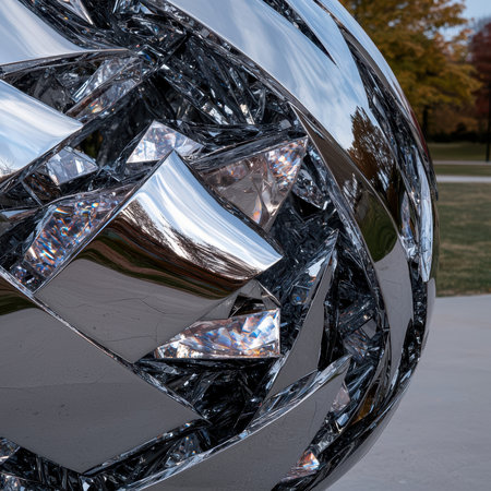 Abstract metallic sculpture reflecting the skyの素材