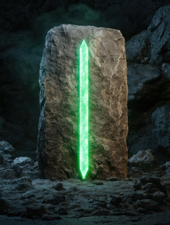 Glowing green crystal embedded in stoneの素材