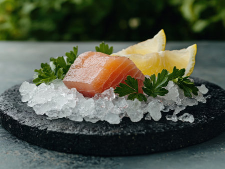 Fresh salmon fillet on ice with lemon slicesの素材