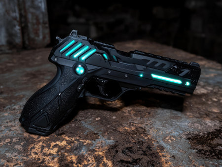 Futuristic sci-fi pistol with teal glowing accents on dark backgroundの素材