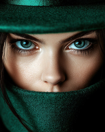 Close-up portrait of a woman with striking green eyes, partially covered by a green scarf and hatの素材