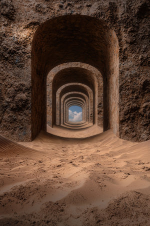 Endless archway tunnel leading to a desert landscapeの素材