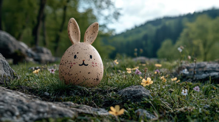 Cute bunny egg decoration in a spring meadowの素材