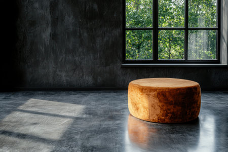 Round velvet ottoman in modern minimalist interior with large windowの素材