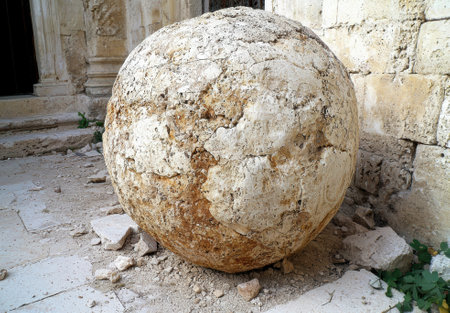 Ancient stone sphere rests in ruinsの素材