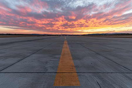 Empty runway at sunset with a vibrant skyの素材
