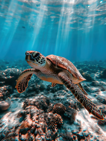 Sea turtle swimming underwater in sunbeamsの素材