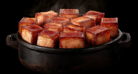 Close-up of sizzling cubes of meat in a rustic potの素材