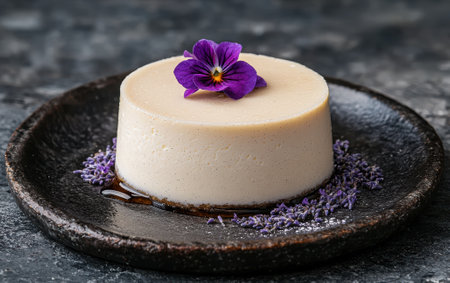 Mini vanilla bean cheesecake decorated with lavender and a pansyの素材