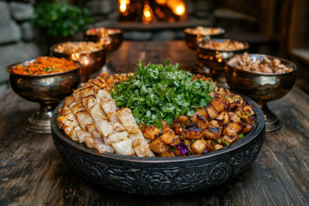A large rustic bowl of roasted potatoes and other vegetables sits on a wooden table next to a fireplace.の素材