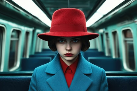 Woman in red hat and blue coat on trainの素材