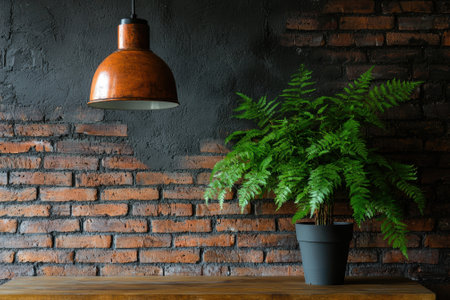 Rustic industrial interior design with fern plant and hanging lampの素材