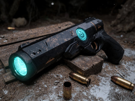 Futuristic sci-fi pistol with glowing barrel resting on wooden planksの素材