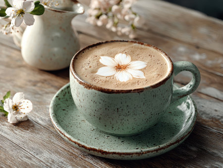 Closeup of a cup of cappuccino with flower latte art, next to spring blossomsの素材