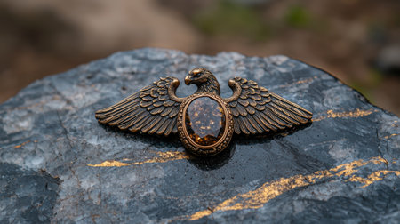Bronze eagle brooch with amber gemstoneの素材