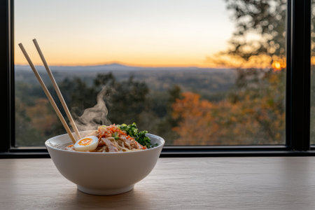 Steaming bowl of ramen noodles with egg against scenic sunset viewの素材