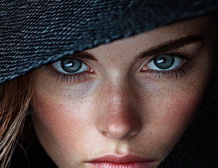 Close-up portrait of a woman with freckles and blue eyes, wearing a wide-brimmed hatの素材