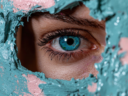 Close-up of a woman's eye peeking through a cracked blue and pink paint textureの素材