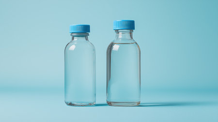 Two clear bottles with blue caps on a light blue backgroundの素材