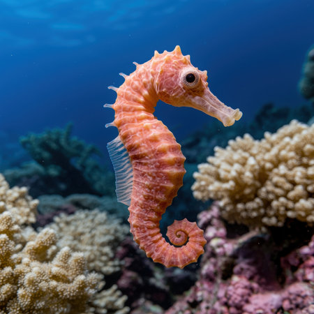 Orange seahorse swimming in coral reefの素材