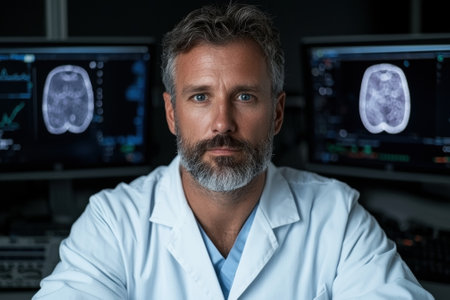 Portrait of a serious doctor reviewing brain scans on a computer.の素材