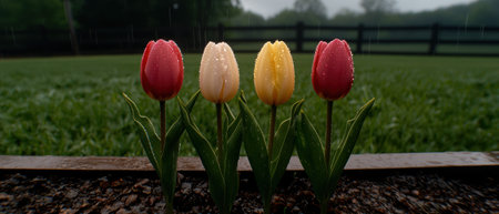 Four tulips in the rainの素材