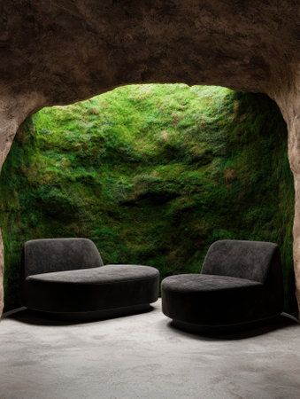 Modern minimalist seating in a cave with moss wallsの素材