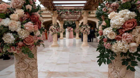 Elegant wedding aisle decorated with pink and white flowersの素材