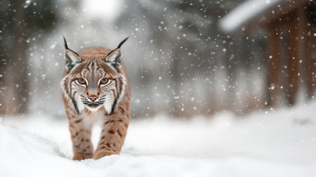 Eurasian lynx walking in the snowの素材
