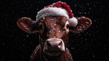 Brown cow wearing santa hat in the snowの素材