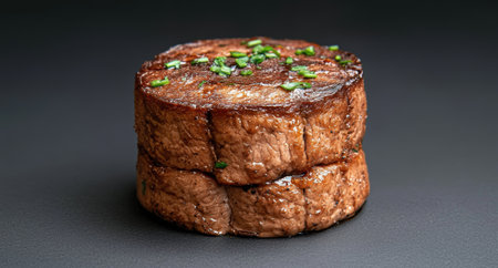 Close-up of two stacked beef medallions, seasoned and grilled to perfection.の素材