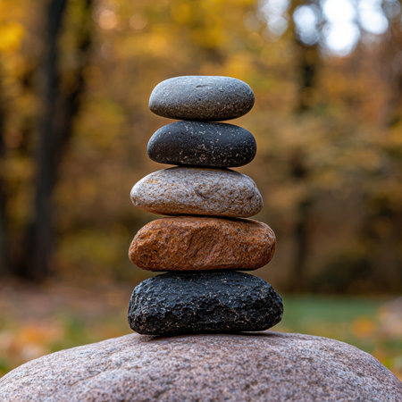 Balanced stones in autumn forestの素材