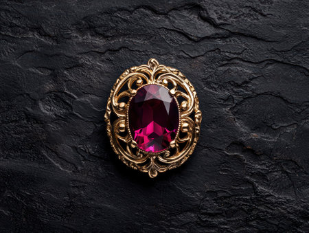 Ornate gold brooch with a deep pink gemstoneの素材