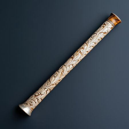 Intricate Carved Wooden Walking Stick with Silver Accentsの素材