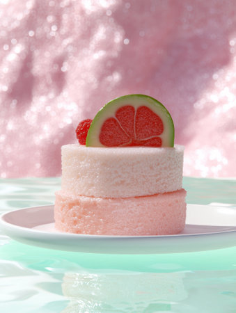 Pink and white layered dessert with grapefruit and raspberryの素材